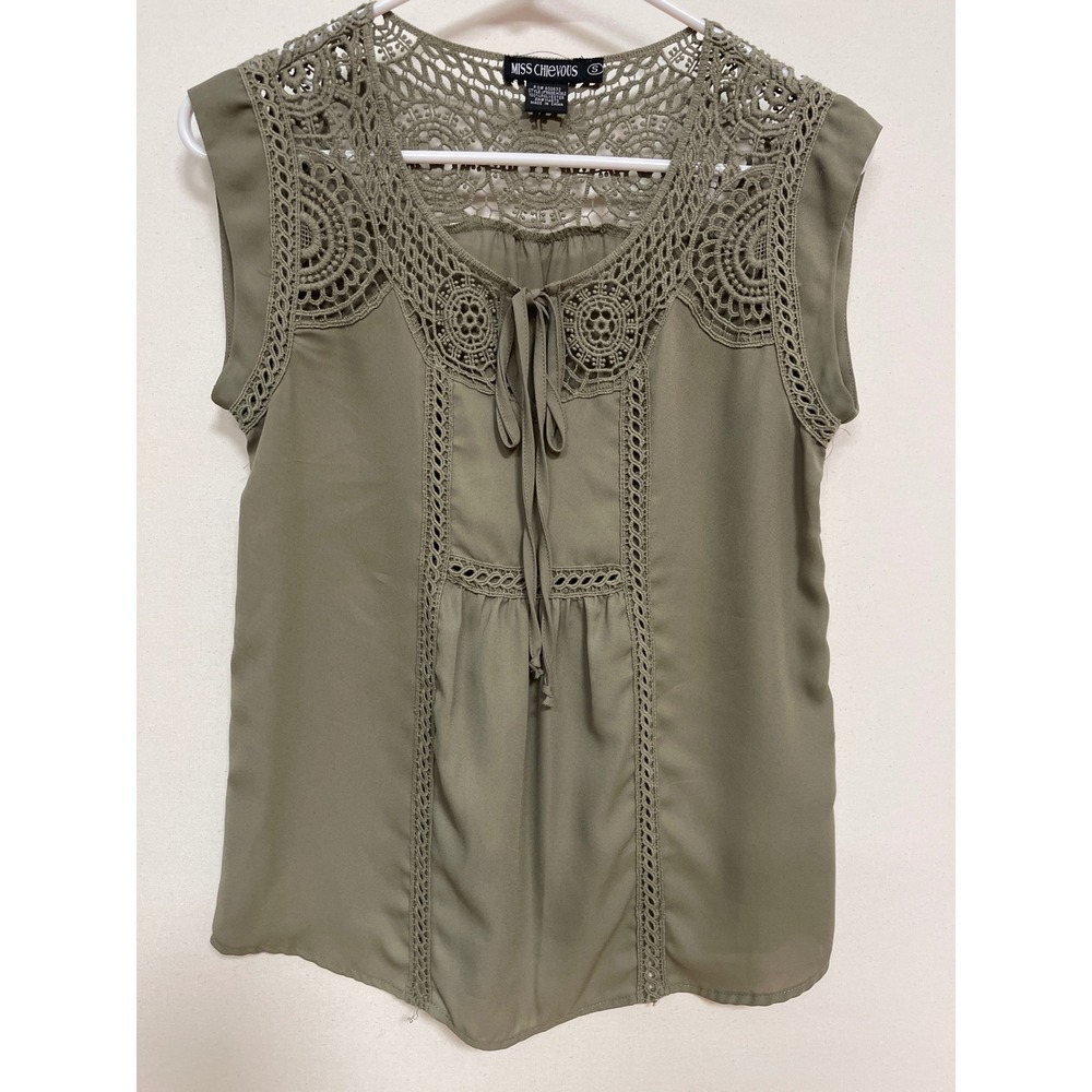 Miss Chievous Olive Green Crochet Lace Tie Front Sleeveless Blouse Small